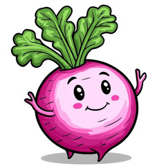 Cute cartoon radish character with arms and legs waving.