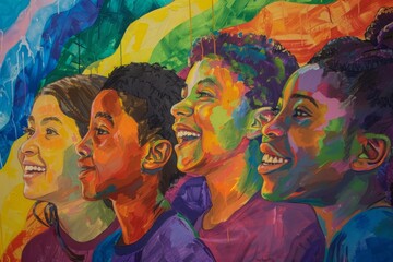 Obraz premium A painting of four children with different colored hair and smiling