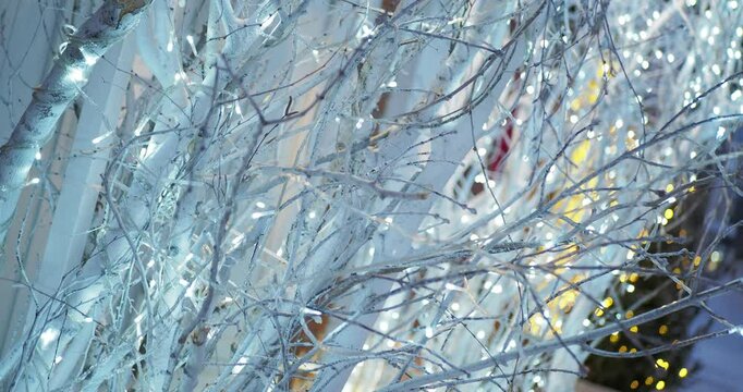 Christmas decorations. The branches of the tree are beautifully decorated with garlands that glow brightly at night. Camera rotation. Siberia.