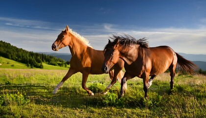 Majestic Brown Horses Galloping Across Lush Green Meadow Mountain Landscape