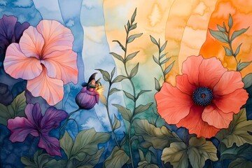 A whimsical watercolor painting of an elf and gnome tending to a glowing magical garden, with soft greens and blues blending beautifully