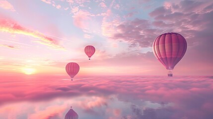 Fototapeta premium Pastel hot air balloons soaring over dreamy pink clouds at sunset, reflections in calm waters