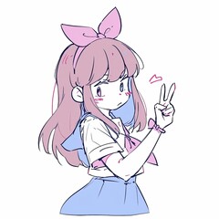 Anime Girl Sketch, Posing Peacefully with Bow, Pastel Hues