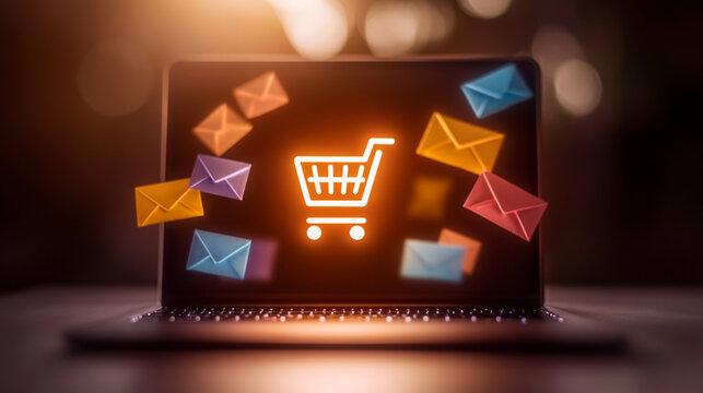 Digital shopping cart with email notifications on a laptop screen.