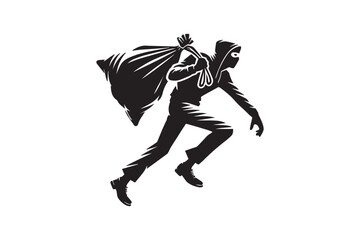 minimalist a thief carrying a bag vector silhouette black color in white background