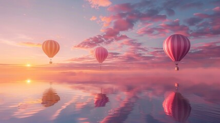 Naklejka premium Pastel hot air balloons floating above dreamy pink clouds at sunset reflecting in calm waters