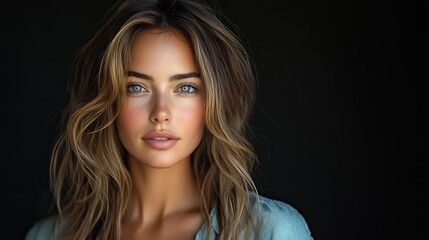 Fototapeta premium A beautiful woman with confident expression and casual clothes, showcasing fashion, hair, and cosmetics in a studio portrait