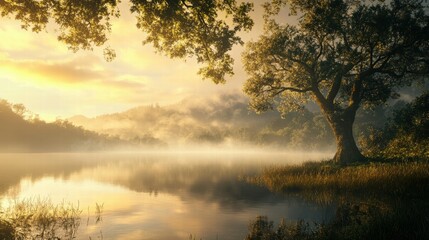 Obraz premium Enchanting morning mist and tranquil lake a serene landscape capture