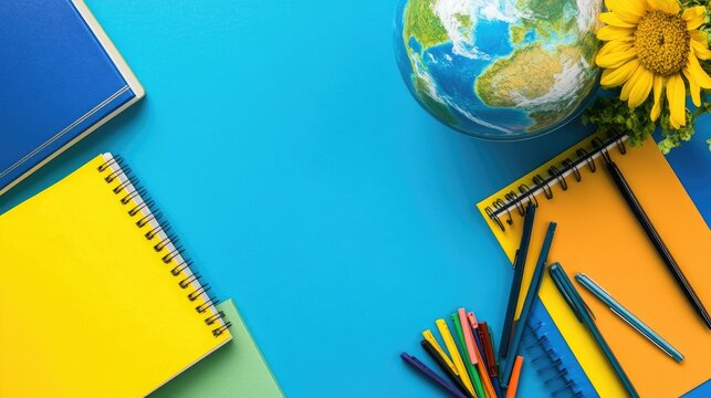 Back to School Concept. Earth Globe, Books, Notebooks, Colorful Stationery