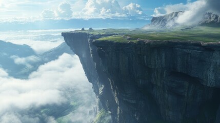 Majestic cliff view misty clouds and nature's breathtaking landscape