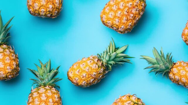 overhead flat lay of fresh summer pineapples seamless looping background