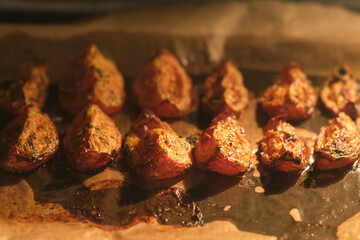 Herb-seasoned roasted tomato wedges on parchment paper in the oven. Close-up food photography for culinary design and print.