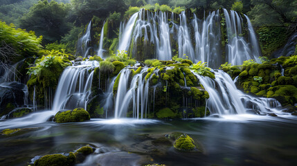 Obraz premium Rhythmic Elegance of Cascading Waterfalls in a Verdant Paradise