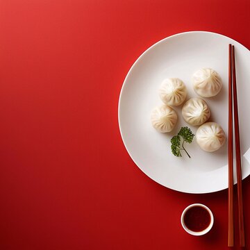 Celebrating Chinese New Year with a Plate of Steaming Dim Sum Khai jeeb on a Festive Red Background