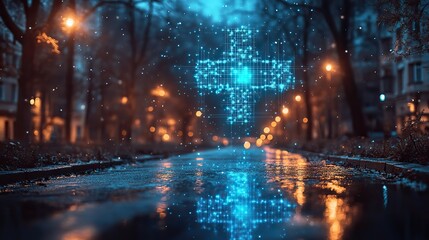 A blue medical cross symbolizes healthcare innovation in cancer research and cardiology, representing insurance and science for vaccines and cures