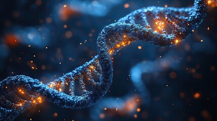 A blue molecule represents genetics, science, futuristic development in biology, DNA, chemistry, and research on viruses and diseases