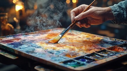 Fototapeta premium Creative artist working on vibrant palette during a serene indoor session at dusk