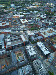 Aerial View of Historical Sheffield City Centre at English county of South Yorkshire United Kingdom. High Angle Footage Was Captured with Drone's Camera During Sunset on April 29th, 2024.