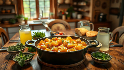 A cozy kitchen setting featuring a rustic wooden dining table adorned with a bowl of vibrant stew surrounded by fresh herbs and breads, perfect for a comforting family meal in a homely environment.

