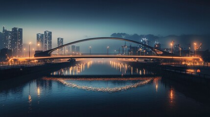 Obraz premium Modern urban bridge connects two districts at night reflecting vibrant architecture in water showcasing city life