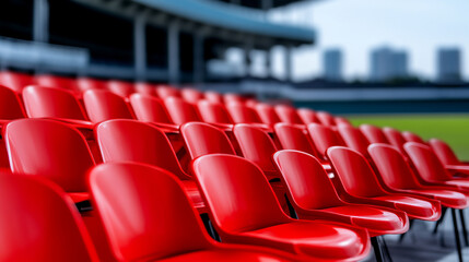 Fototapeta premium Vibrant red chairs in a modern sports stadium layout.