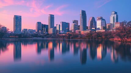 Obraz premium City center skyscrapers and reflections at sunset urban landscape photography calm lake scenic view serenity