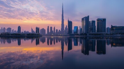 Fototapeta premium City center reflection iconic skyscrapers at sunrise over water urban landscape dreamlike serenity