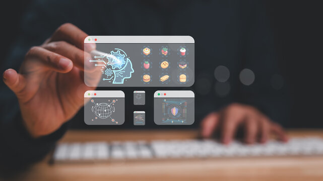 Person interacts with holographic displays featuring AI-related icons and data visualizations, integration of technology in food delivery tasks and enhanced decision-making processes