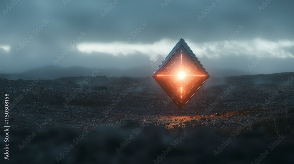 Aufkleber mysterious glowing artifact emerges in misty desolate field fantasy scene surreal environment captiv