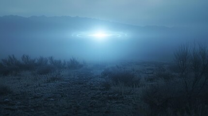 Obraz premium Glowing artifact emerges in misty desolate field ethereal landscape surreal photography enigmatic atmosphere