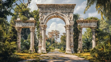 Fototapeta premium Ancient roman archway surrounded by lush jungle architectural beauty tropical oasis captivating heritage