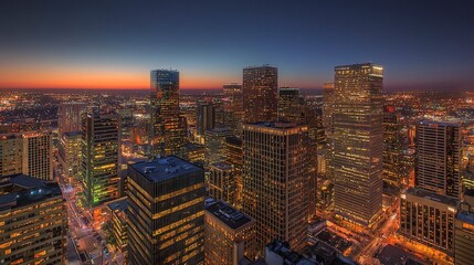 Fototapeta premium Skyscrapers illuminated at dusk urban cityscape aerial view nighttime high angle modern architecture