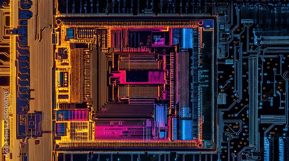 Poster intricate microchip design in vivid colors technology lab digital artwork close-up view innovation c