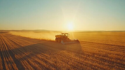 Fototapeta premium Tractor Working in Golden Wheat Field at Sunset