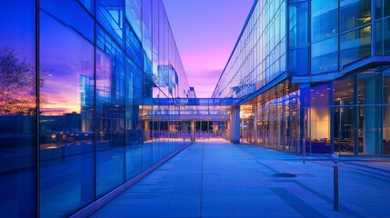 Obraz premium Modern urban street reflective glass buildings cityscape sunset vibrant colors contemporary architecture