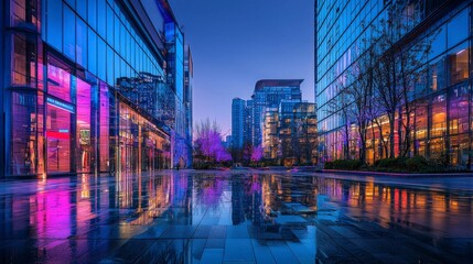 Fototapeta premium Modern urban street reflections city center night photography glass buildings vibrant lights urban aesthetics
