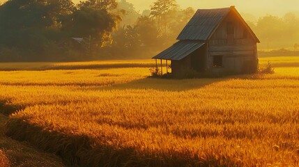 Golden sunrise illuminates rustic house in rice paddy field.