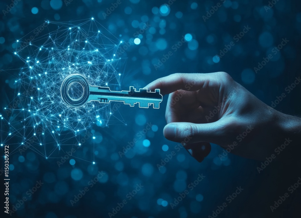 Poster unlocking digital security with a glowing key symbolizing access to data and technology in a modern,