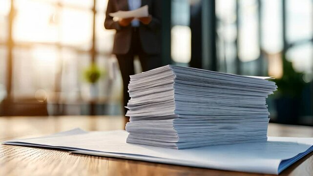 Large stack of documents on a wooden desk with a businessperson in the background