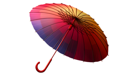 Vibrant rainbow umbrella with curved red handle, featuring a gradient pattern of bold colors Isolated on transparent background