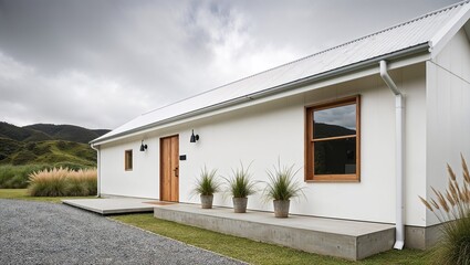 minimalist, single-story building with a modern architectural style. The structure features a white exterior with a corrugated metal roof. 