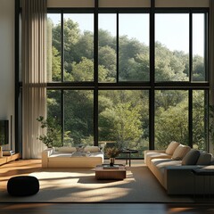 Fototapeta premium Modern Living Room With Large Windows Overlooking Serene Green Nature During Daylight Hours