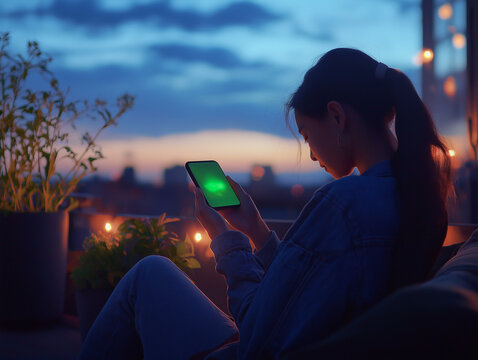 Junge Frau mit Smartphone in der Dämmerung auf dem Balkon

