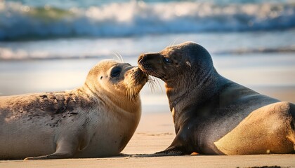 Fototapeta premium Adorable Sea Lion Pups Kissing on Sandy Beach at Sunset