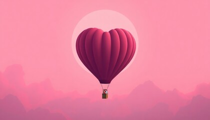 Fototapeta premium Romantic hot air balloon in the shape of a heart floating in a pink sky.