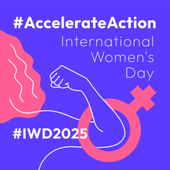 Accelerate Action campaign pose. International Women's Day 2025. Outline woman doing strength gesture with arm to show solidarity and support for women's rights and gender equality. Square banner