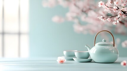 A serene teapot and cups set against a soft blue backdrop with cherry blossoms, evoking tranquility and elegance.