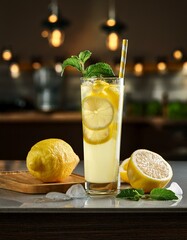 Lemonade with lemon slices and mint garnish in clear glass on kitchen counter surrounded by cut and whole lemons