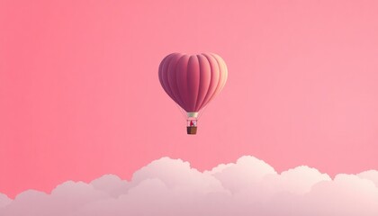 Obraz premium Romantic hot air balloon in the shape of a heart floating in a pink sky.