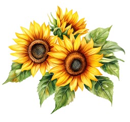 Naklejka premium Watercolor Painting of Three Sunflowers and Leaves